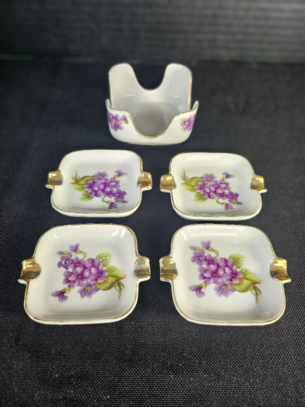 Lefton China Chintz Stacking Ashtray Set Of 4 With Porcelain Caddy Holder